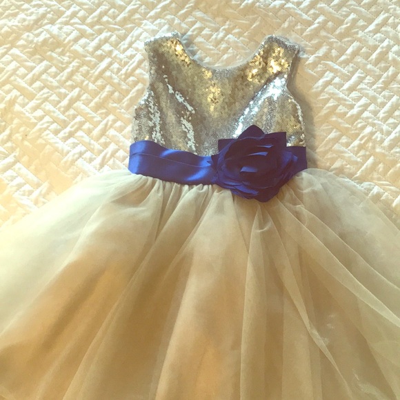 silver and blue flower girl dresses